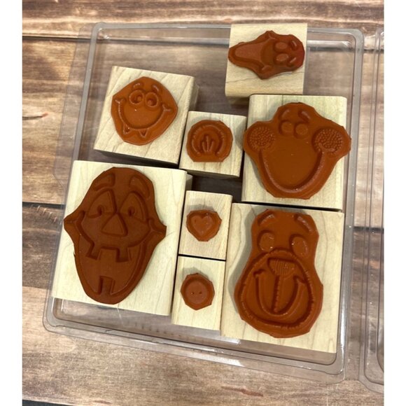 1997 STAMPIN' UP! FUN FACES Wood Mounted Rubber Stamp set of 8 PUMPKIN HALLOWEEN - Picture 4 of 5